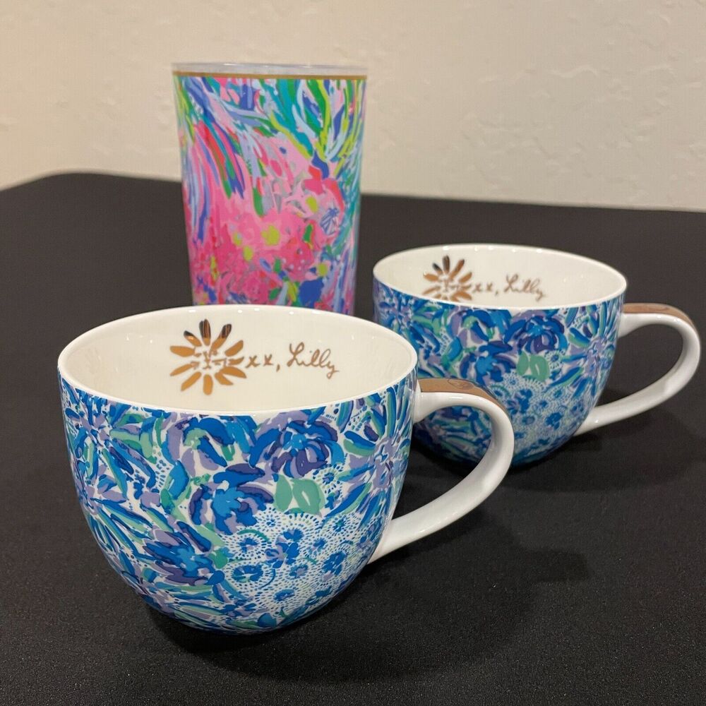 ~ Lilly Pulitzer 2 Blue Floral Hidden Lion Mugs Gold Handles+Pink Floral Tumbler